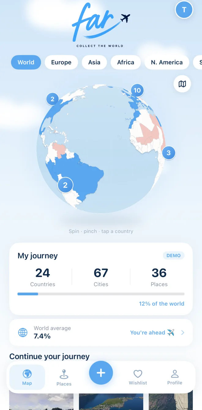 far's home screen: a 3D globe with visited countries in solid blue, pale ones untouched, and blue counter bubbles floating over each continent.