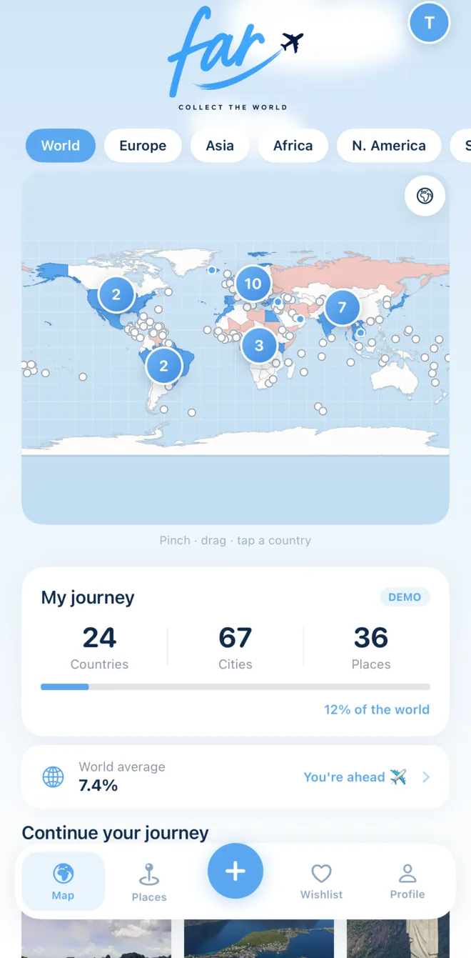 far's flat world map: visited countries filled in blue, with small dots marking collected cities and landmarks.
