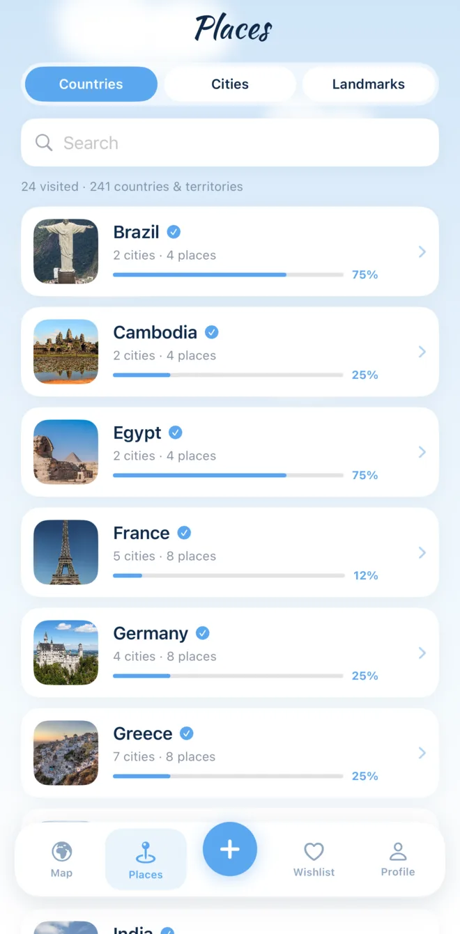far's Places list: countries with photographs, each showing how many cities and places it holds and a percentage-collected bar.
