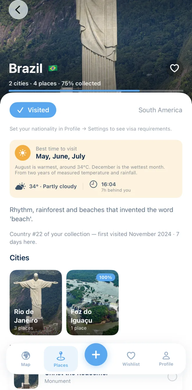 far's country page for Brazil: a Christ the Redeemer header, 75 percent collected, a best-time-to-visit panel, live weather and local time, and a carousel of cities.