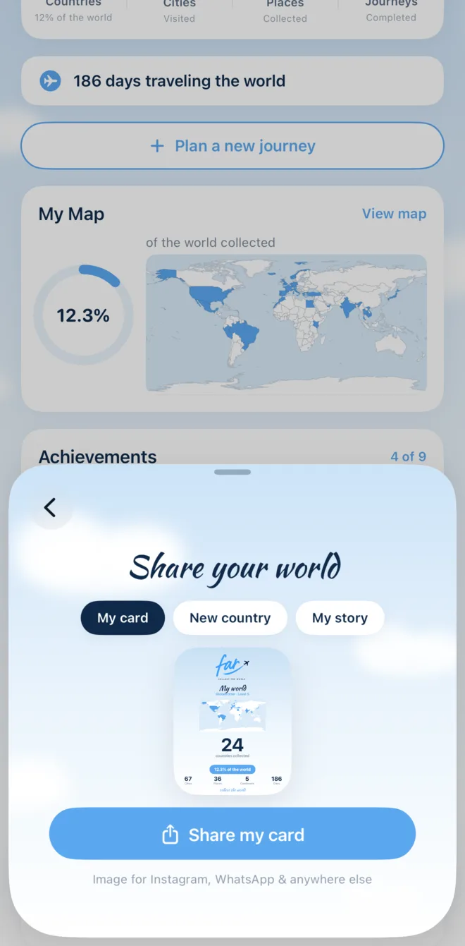 far's Share your world screen with options for a stats card, a new-country card and a story clip, showing a generated card preview.