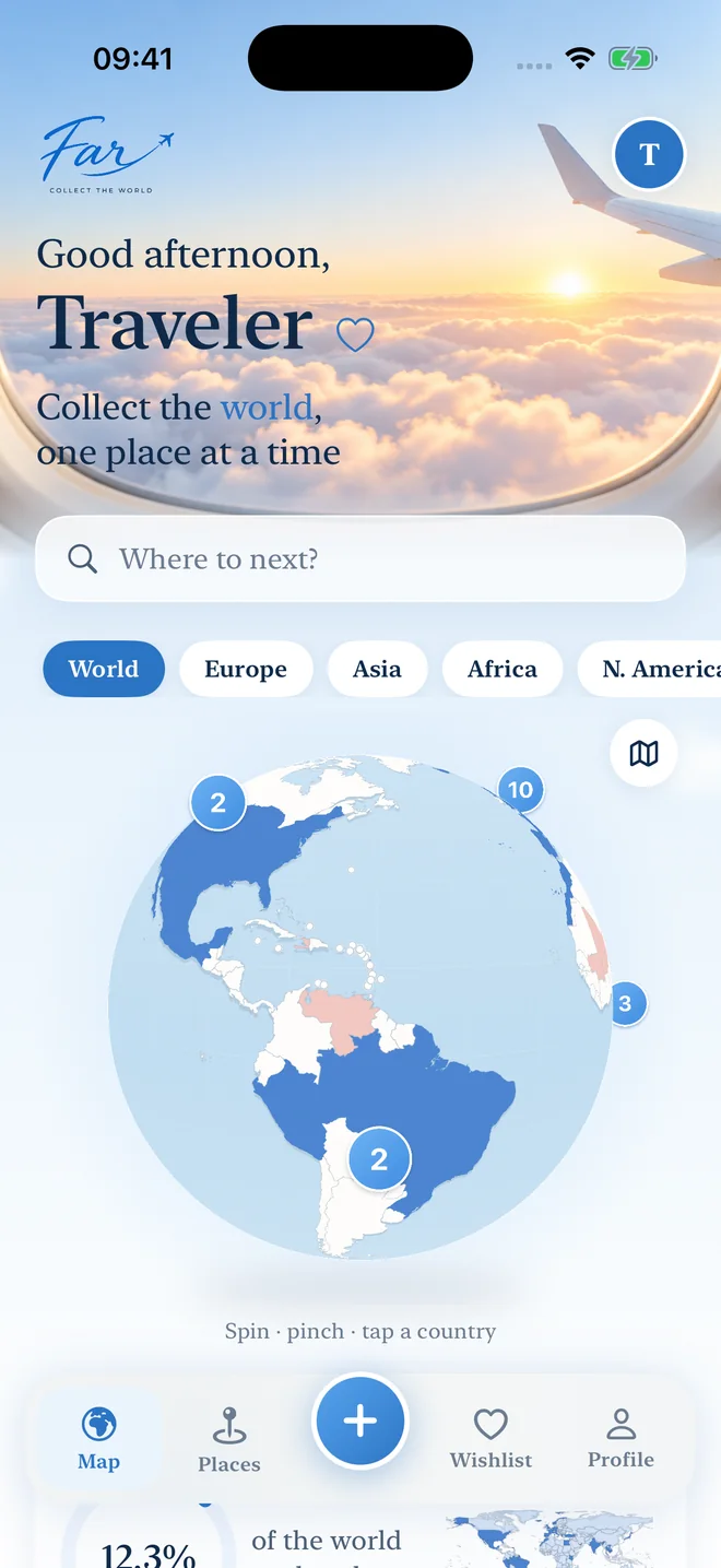 far's home screen: a plane window at sunrise above a 3D globe with visited countries in solid blue and counter bubbles over each continent.