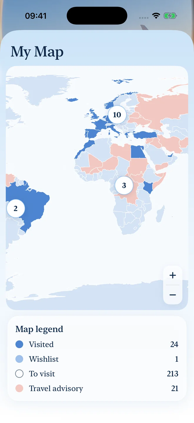 far's My Map: a world map with visited countries in blue, wish-list countries in pale blue and countries under a travel advisory in soft red, with a legend below.