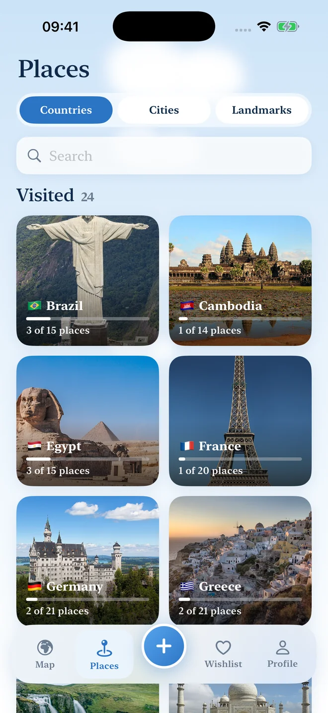 far's Places list: photo tiles of visited countries, each showing how many of its places are collected.