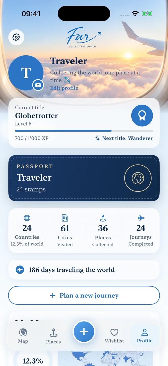 far's profile: a plane window above the traveller's name, a title and level card, a navy passport cover, and counts of countries, cities, places and journeys.
