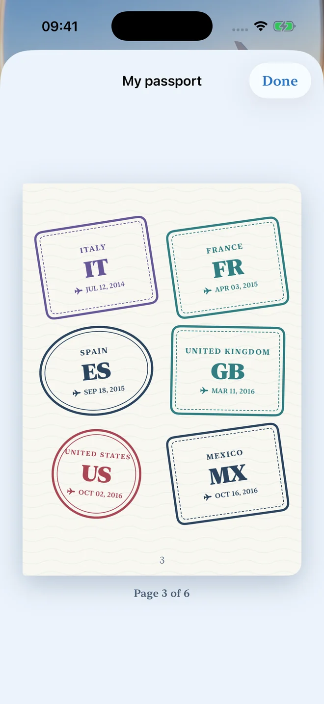 A page of far's passport: six ink stamps, one per country, each with the date of the first visit.