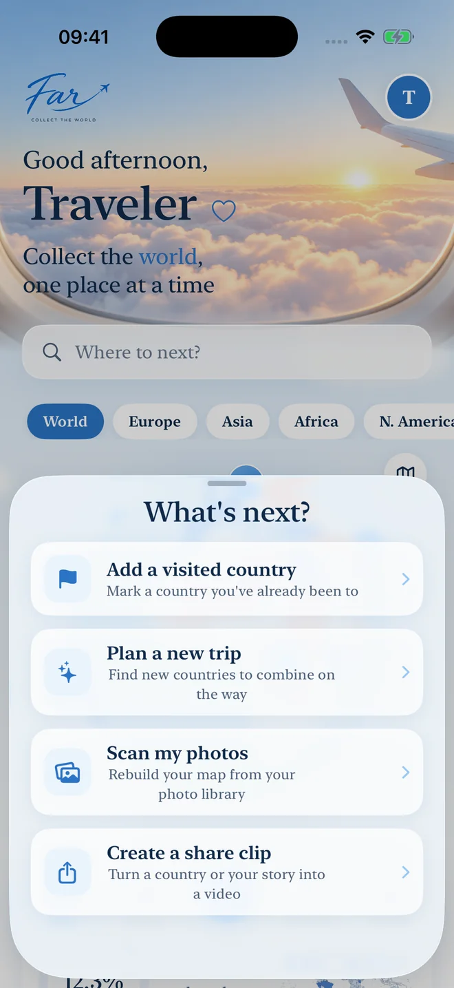far's What's next sheet, offering to add a visited country, plan a new trip, scan your photos, or create a share clip.