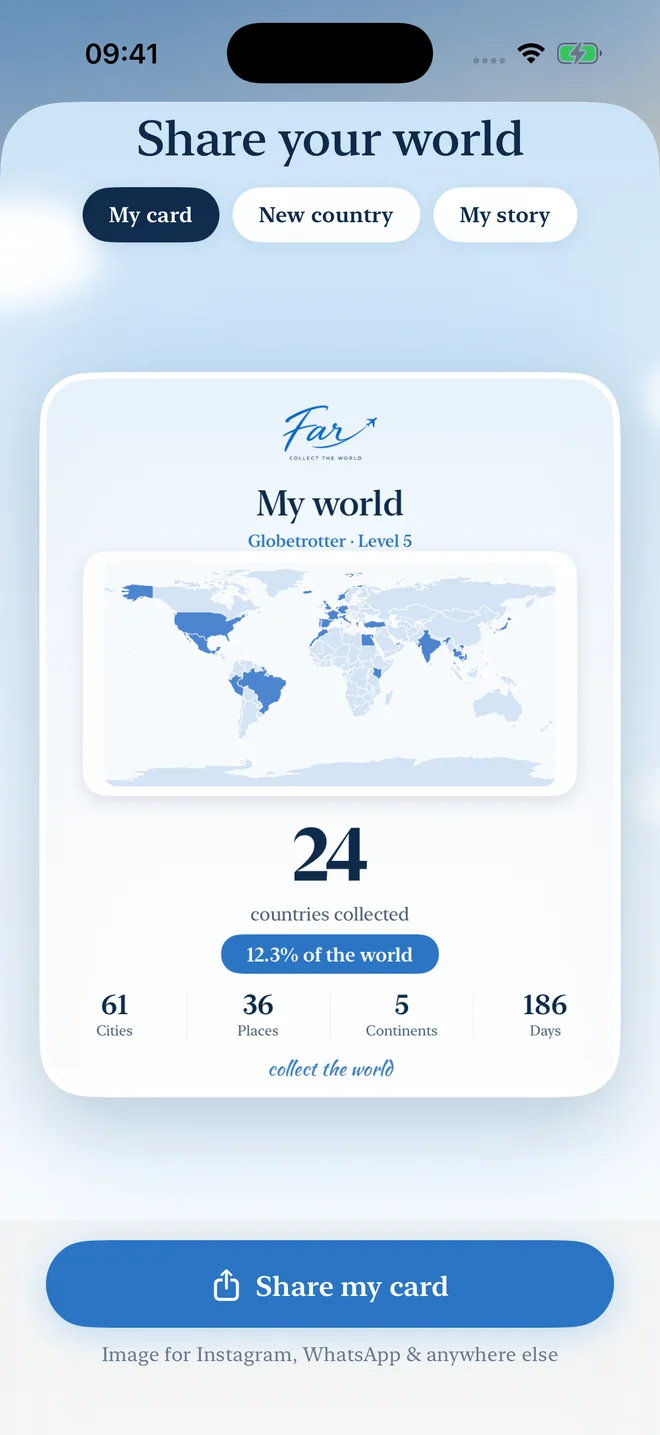 far's Share your world screen with options for a stats card, a new-country card and a story clip, showing a generated card preview.